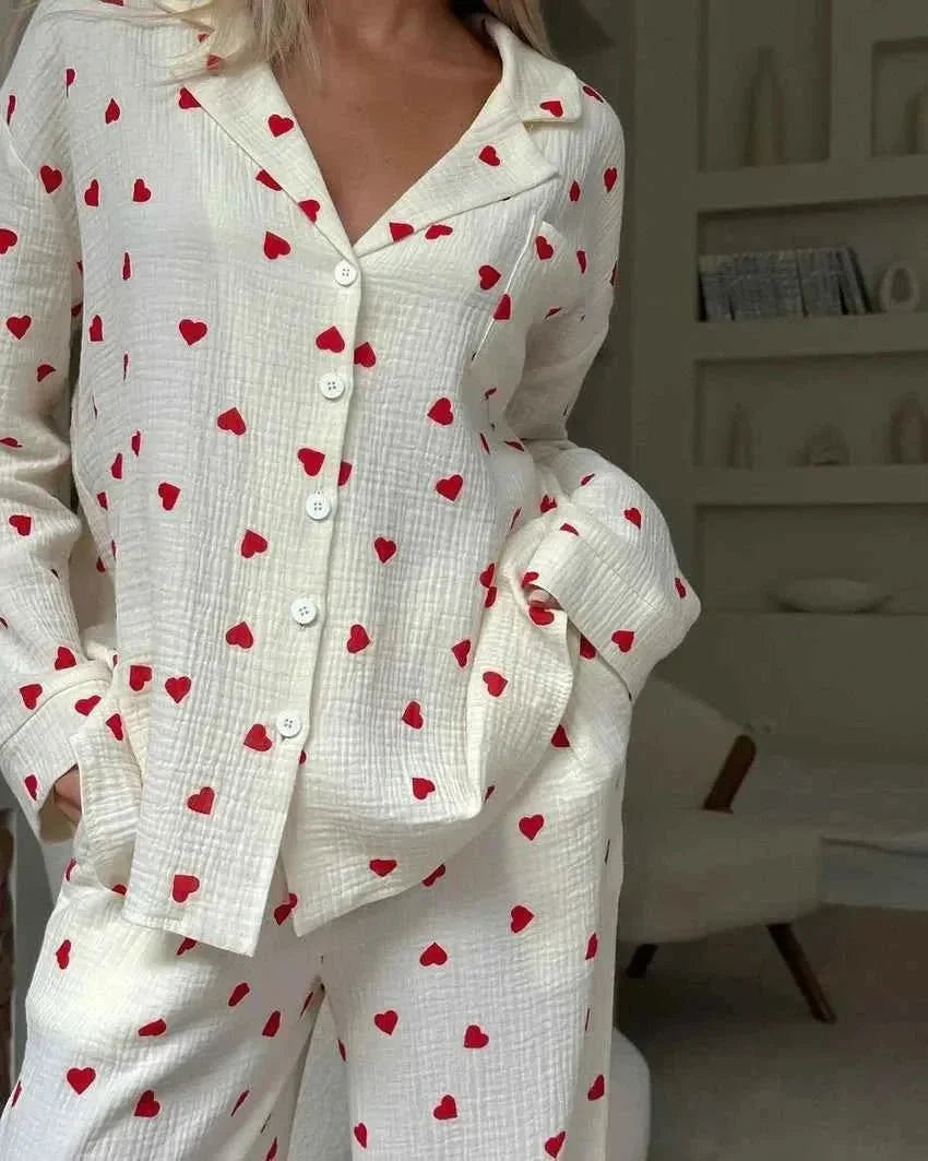 Kvinnors Tryckt Pyjamasset – Avslappnad Långbyxig Loungewear för Sömn och Hemmet