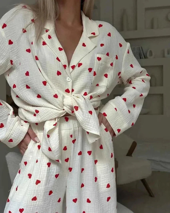 Kvinnors Tryckt Pyjamasset – Avslappnad Långbyxig Loungewear för Sömn och Hemmet