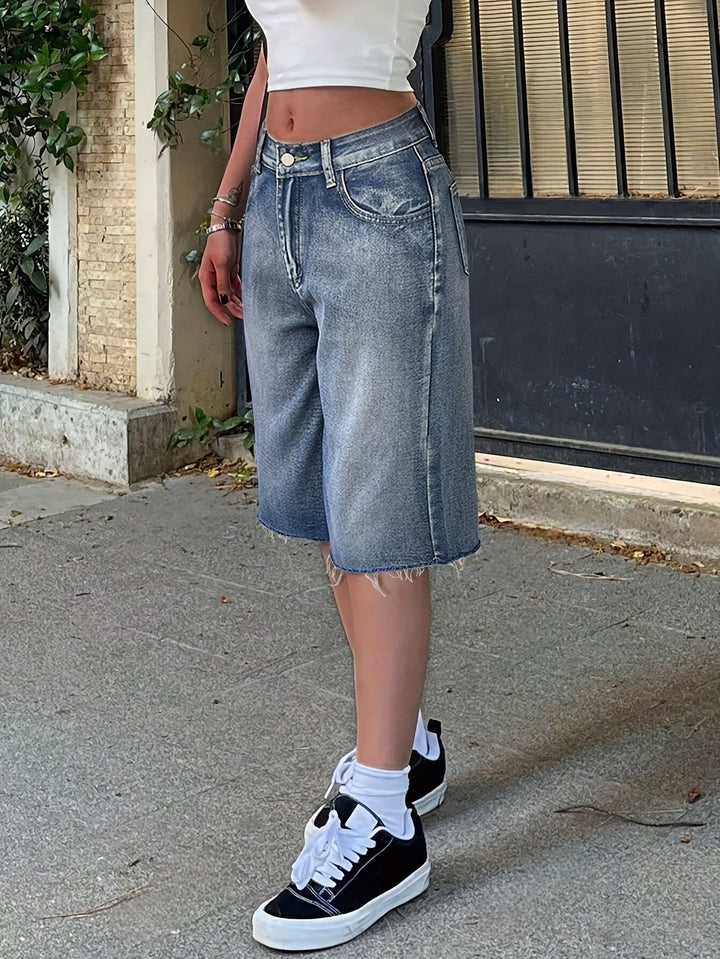 Kvinnors Denim Jorts Avslappnad Passform Hög Midja Vid Ben Knälängd Casual Shorts