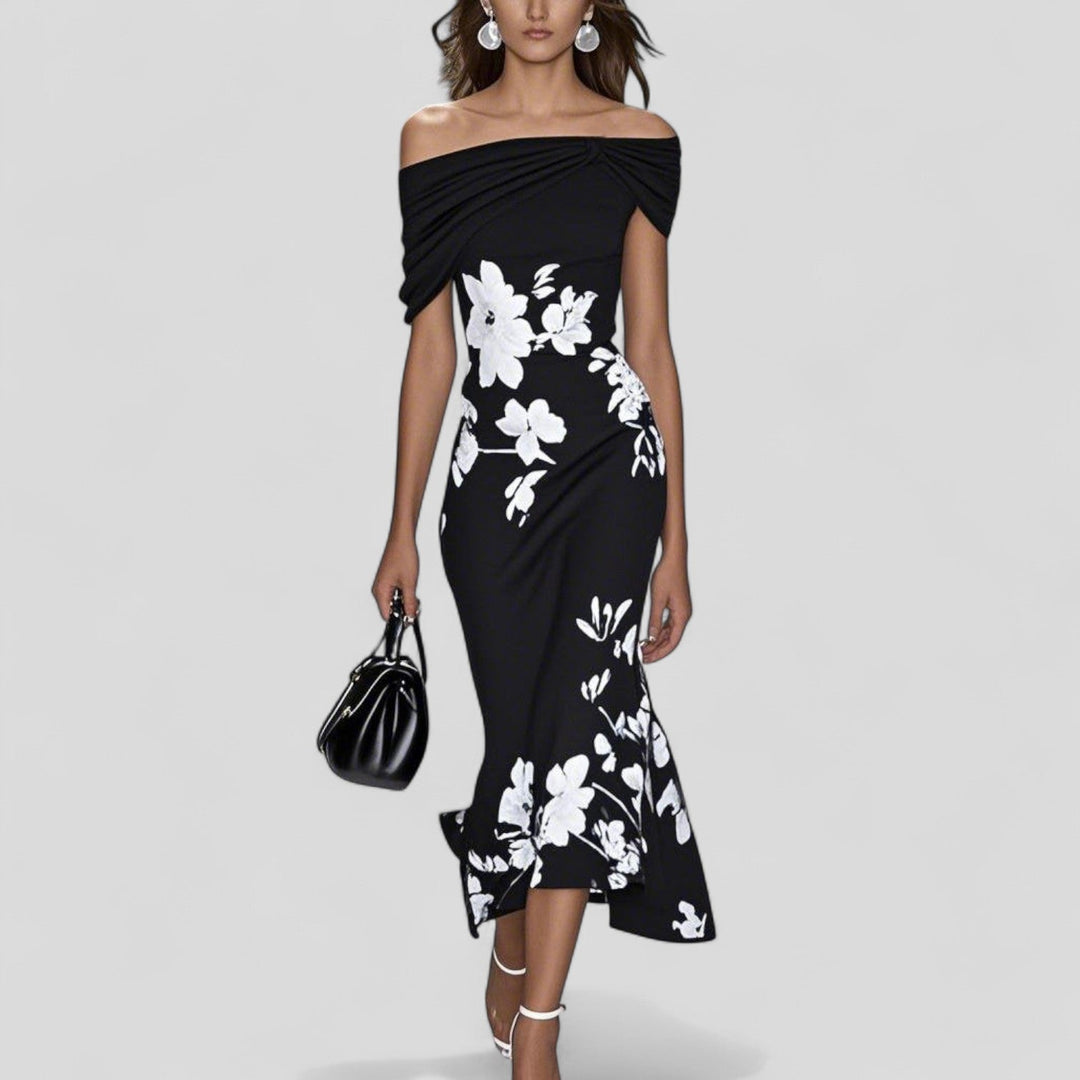 Kvinnors Off-Shoulder Blommig Midi Klänning Elegant Silhuett