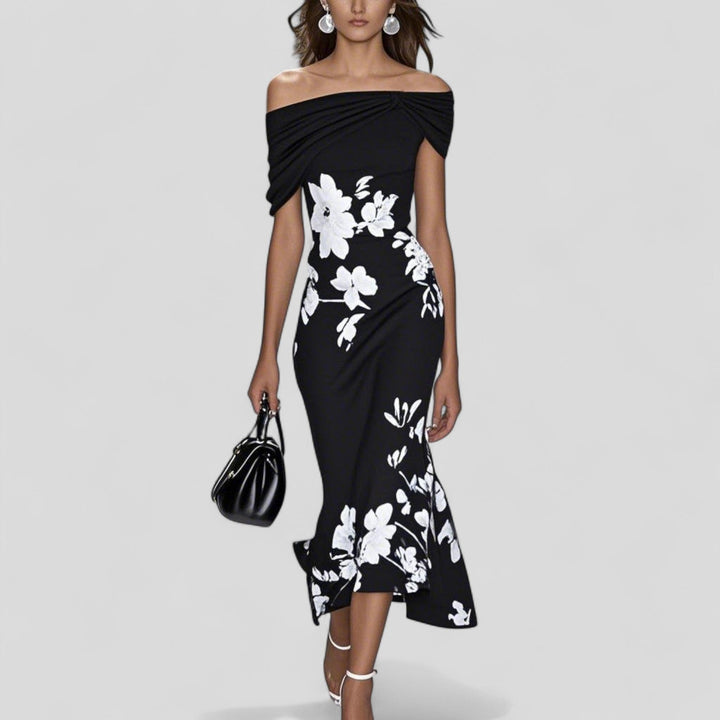 Kvinnors Off-Shoulder Blommig Midi Klänning Elegant Silhuett