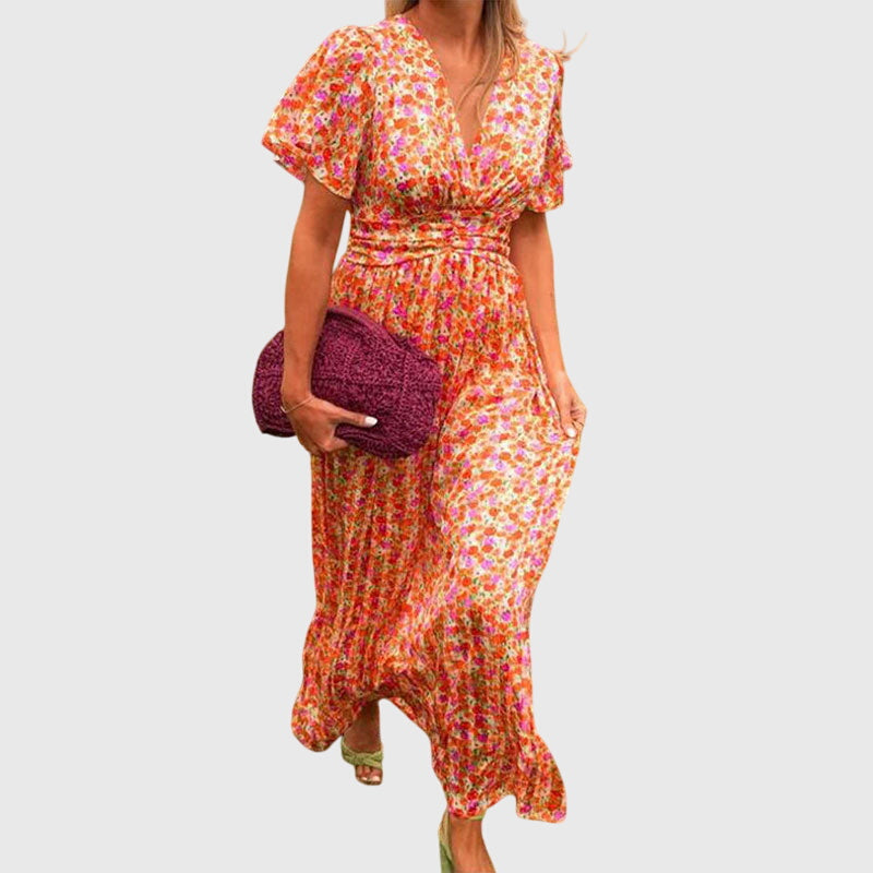 Kvinnors Tryckt Wrap-Stil Maxi Klänning – Kortärmad Outfit för Sommarevenemang