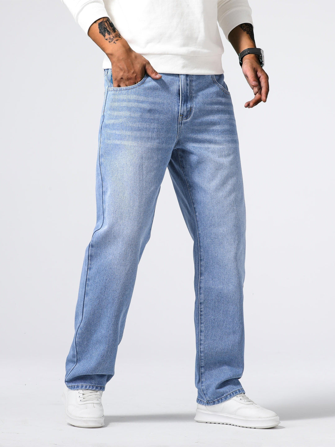 Herrens Denim Jeans Rakt Ben Tvättad Blå Varje Dags Passform
