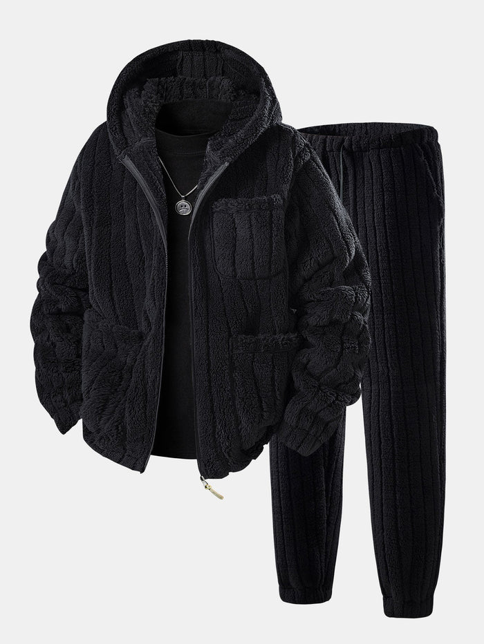 Herrars Zip-Up Teddy Fleece Träningsoverall – Varmt Avslappnat Set för Vintercasual