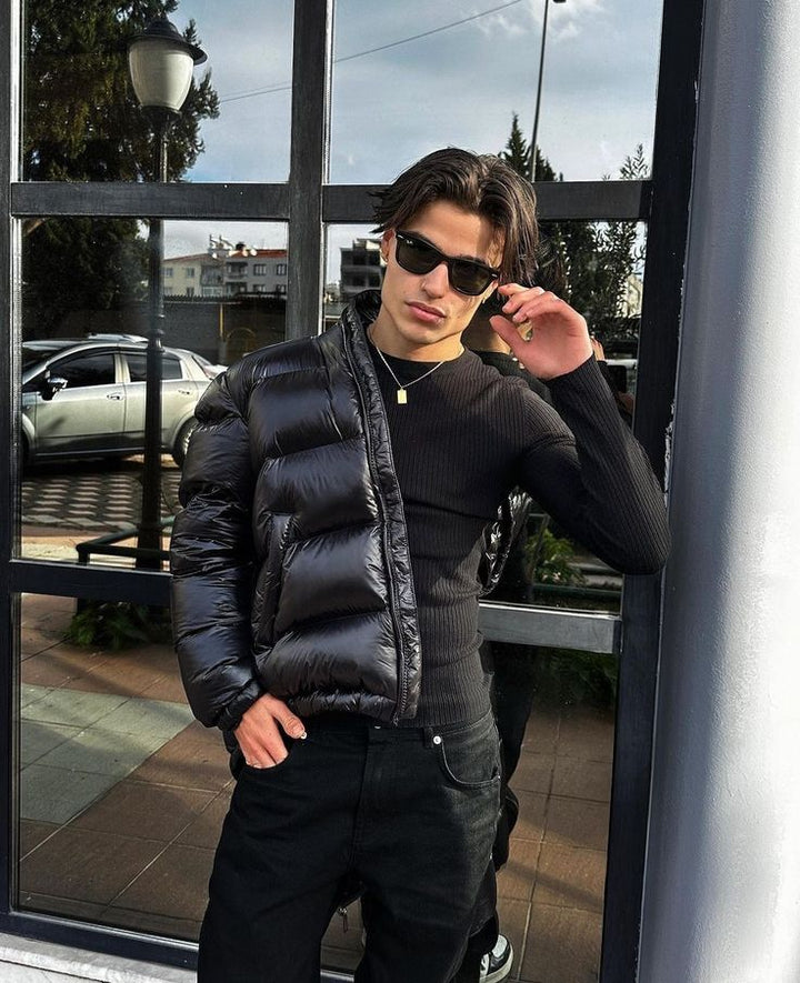 Herrens Sherpa-fodrad quiltad jacka med huva – Varm puffjacka för utomhus- och streetwear