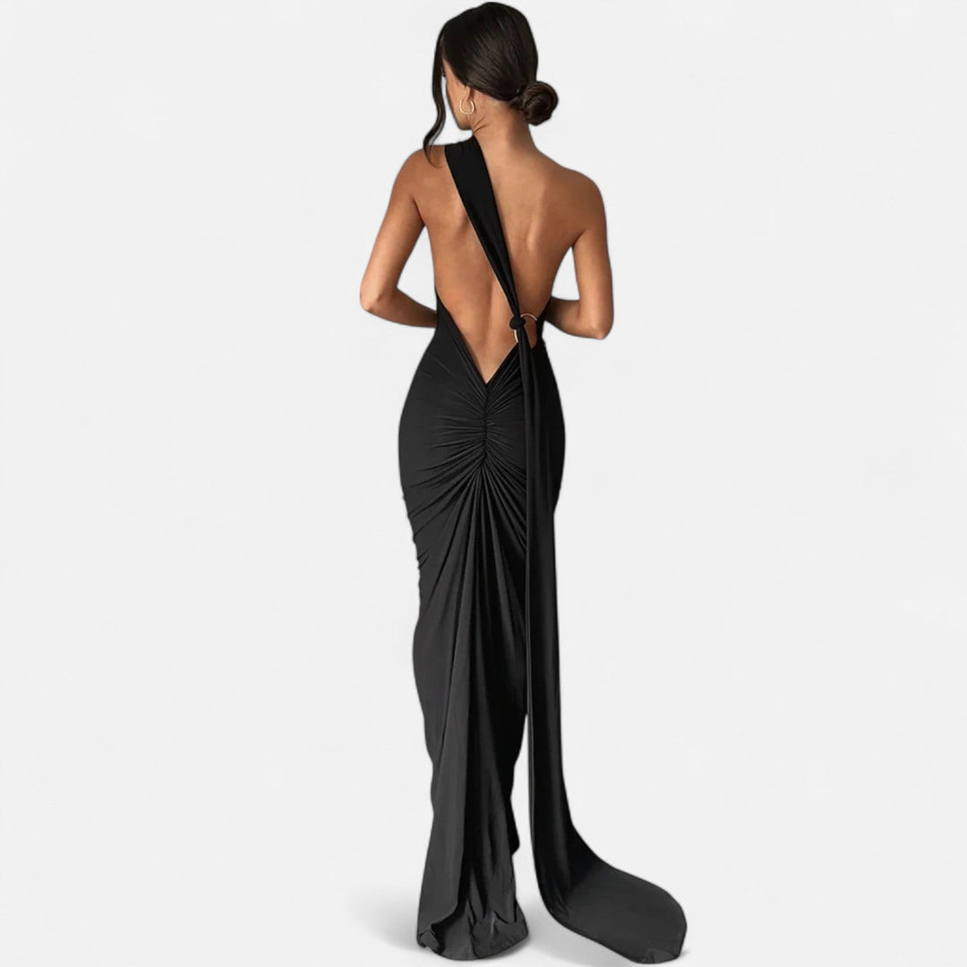 Kvinnors Enaxlad Halterneck Maxi Klänning – Fitted Gown för Kvällsevenemang
