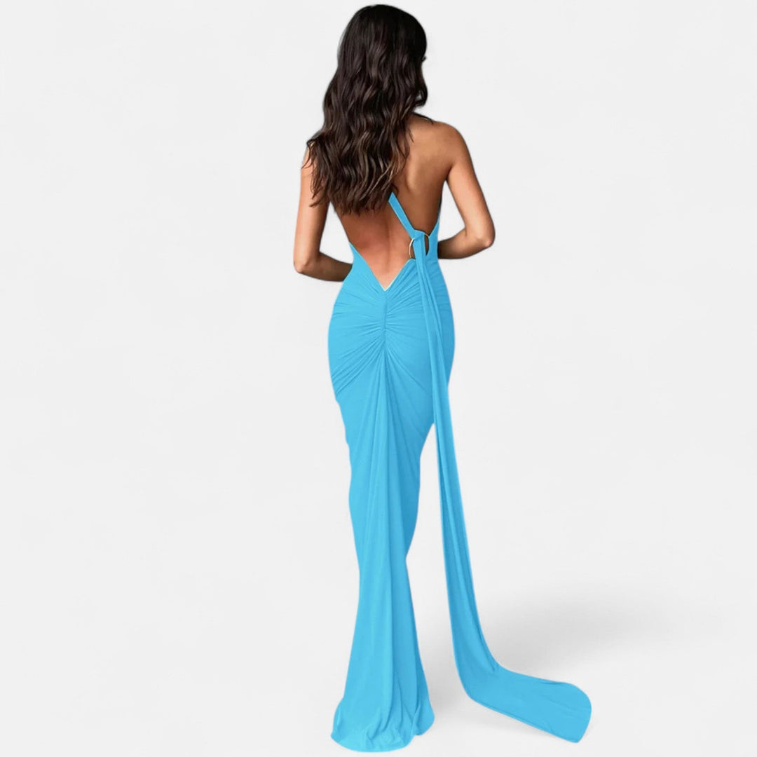 Kvinnors Enaxlad Halterneck Maxi Klänning – Fitted Gown för Kvällsevenemang