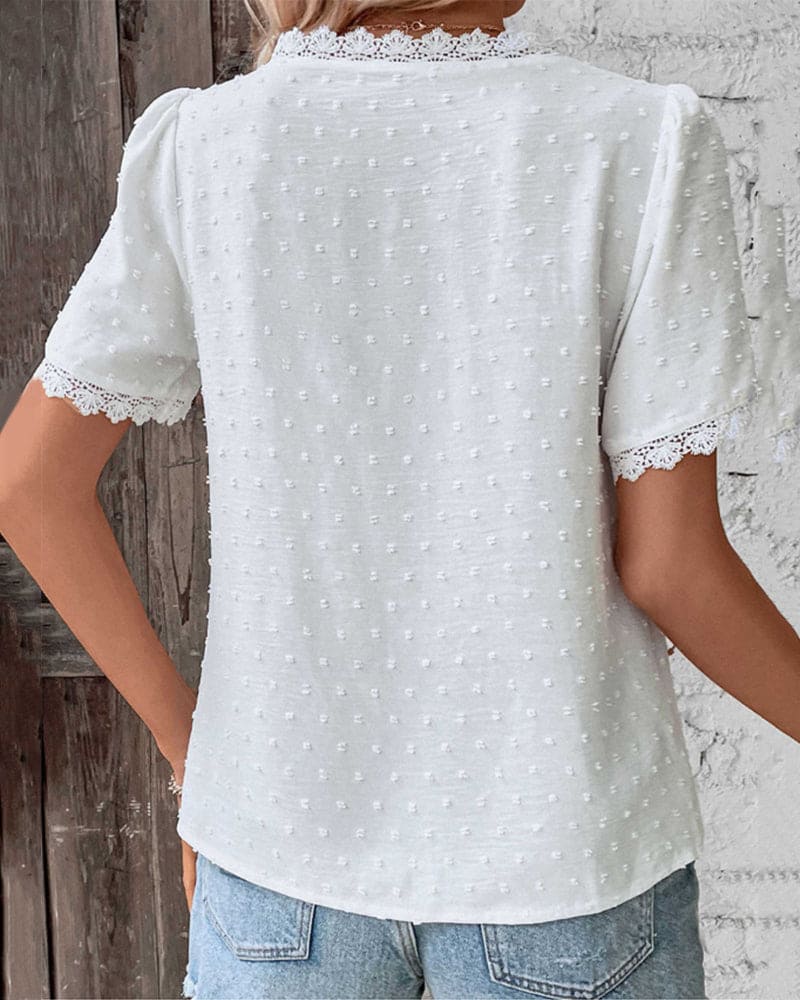 Kvinnors Blus med Spetsdetaljer och Textur, Kort Ärmar