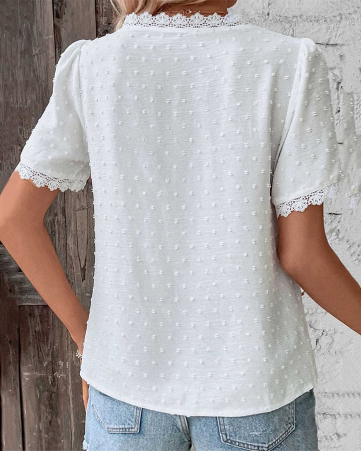 Kvinnors Blus med Spetsdetaljer och Textur, Kort Ärmar