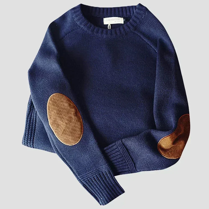 Herrens Varm Crew-Neck Jumper med Armbågsfickor – Avslappnad Vinterstickad för Kontor och Helgklädsel