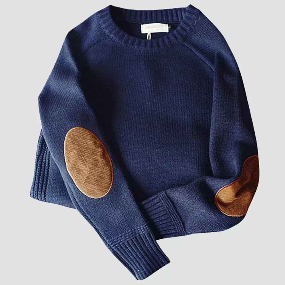 Herrens Varm Crew-Neck Jumper med Armbågsfickor – Avslappnad Vinterstickad för Kontor och Helgklädsel