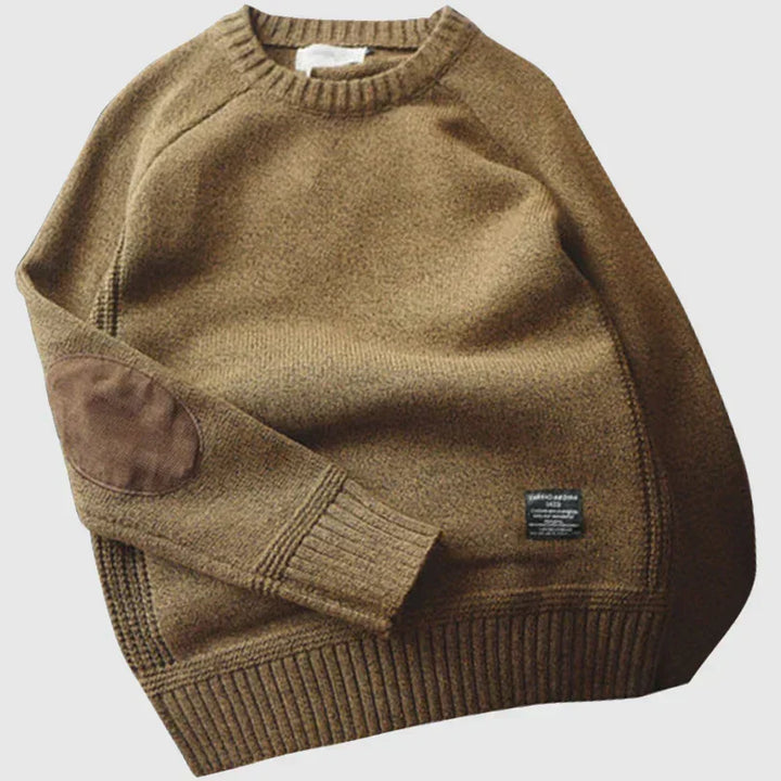 Herrens Varm Crew-Neck Jumper med Armbågsfickor – Avslappnad Vinterstickad för Kontor och Helgklädsel