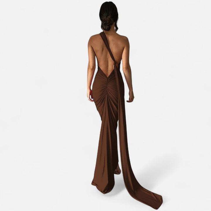 Kvinnors Enaxlad Halterneck Maxi Klänning – Fitted Gown för Kvällsevenemang
