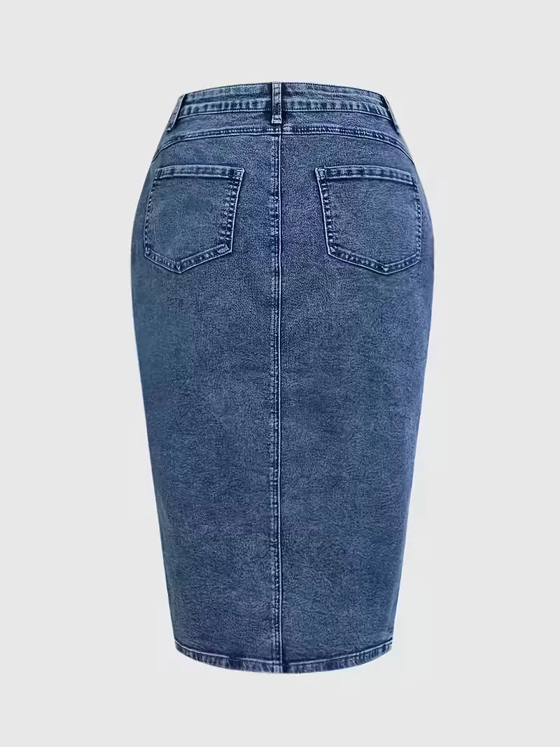 Kvinnors Denim Midi Kjol Med Knäppning Fram Hög Midja