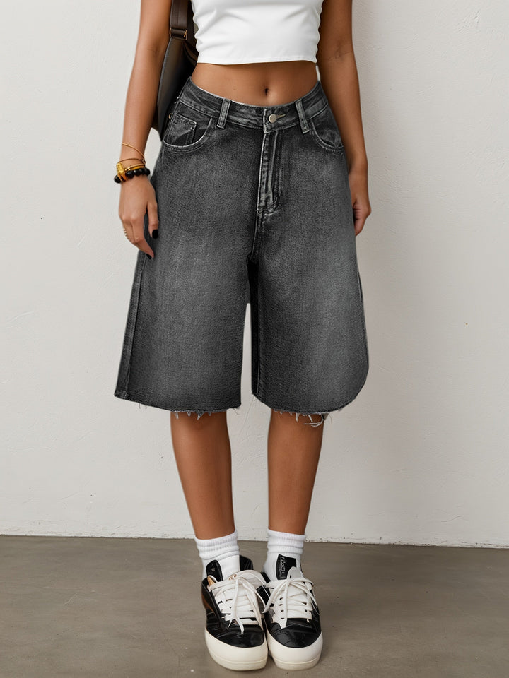 Kvinnors Denim Jorts Avslappnad Passform Hög Midja Vid Ben Knälängd Casual Shorts