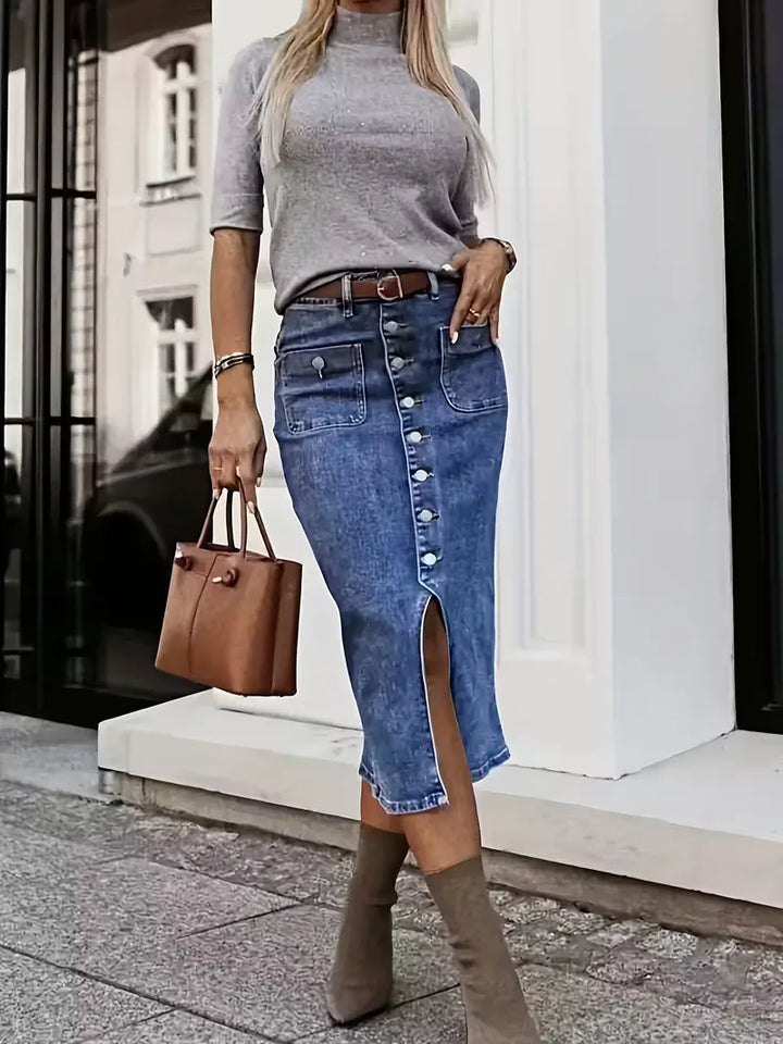 Kvinnors Denim Midi Kjol Med Knäppning Fram Hög Midja