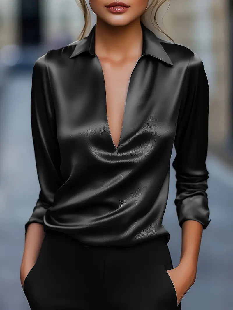 Kvinnors Satin V-ringad Blus Draperad Krage Elegans