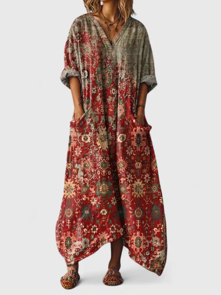 Kvinnors Tryckt Oversized Maxi Klänning med Avslappnad Fickdetalj