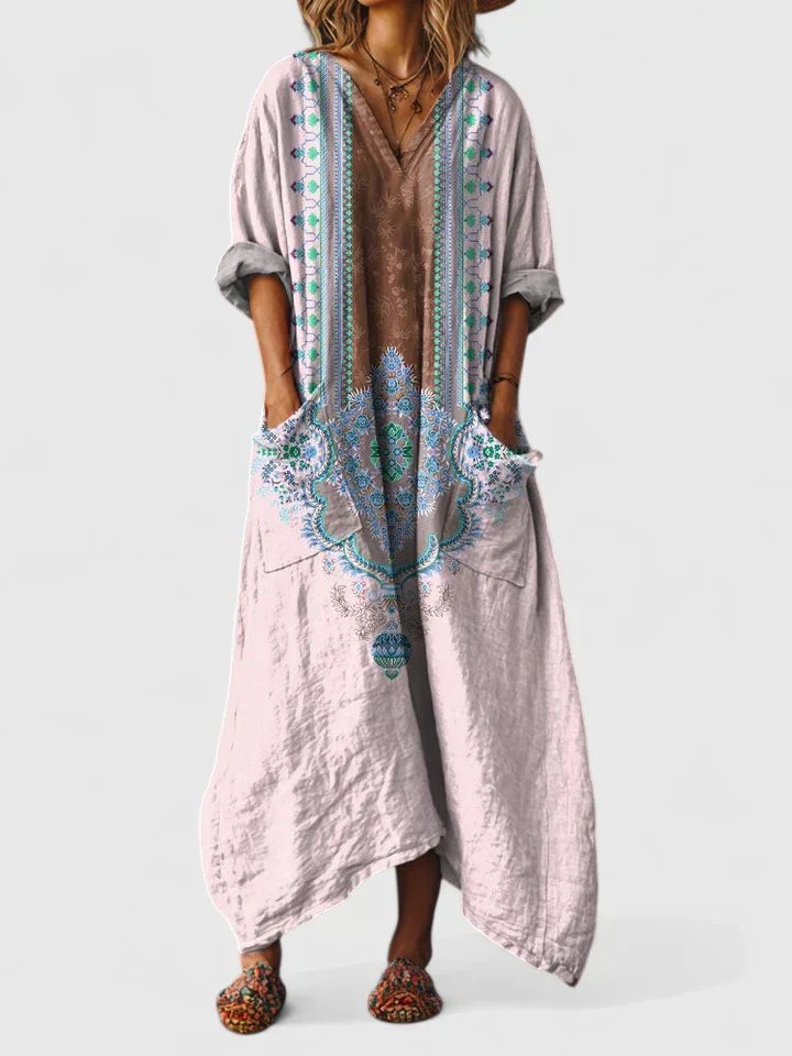 Kvinnors Tryckt Oversized Maxi Klänning med Avslappnad Fickdetalj
