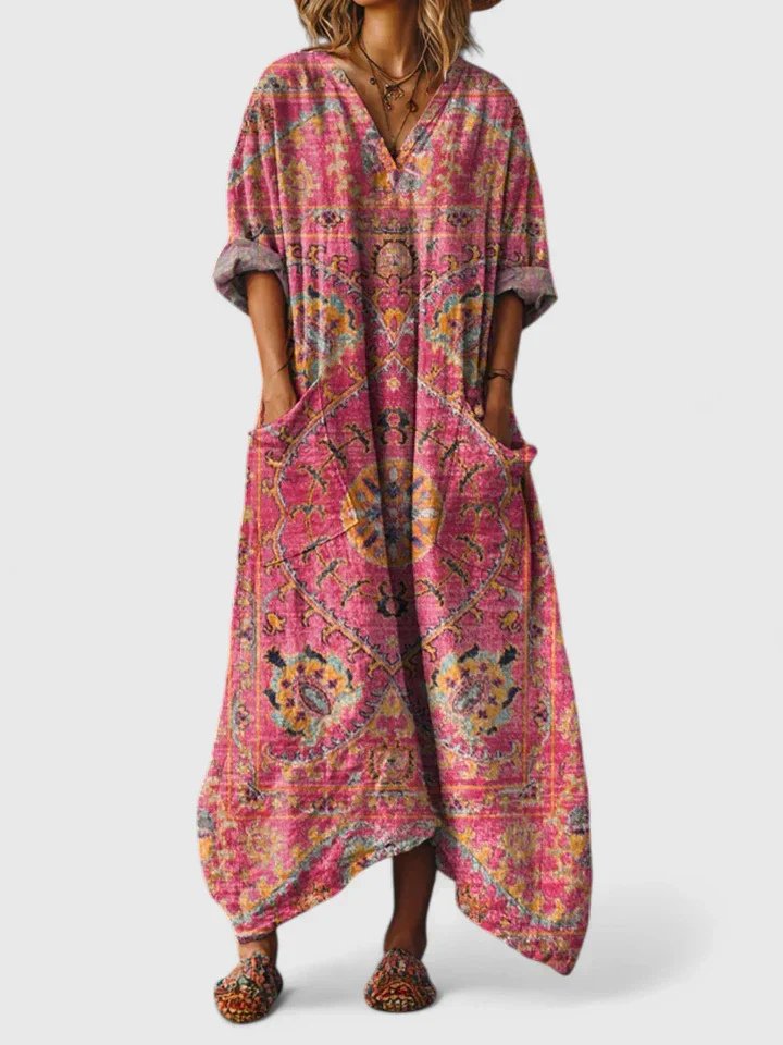 Kvinnors Tryckt Oversized Maxi Klänning med Avslappnad Fickdetalj