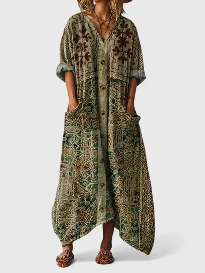 Kvinnors Tryckt Oversized Maxi Klänning med Avslappnad Fickdetalj