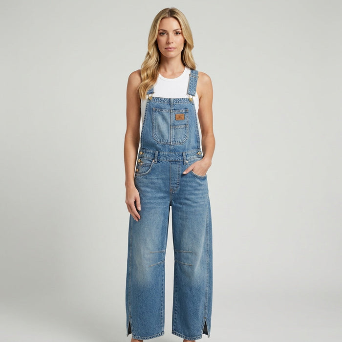 Kvinnors Avslappnad Rakt Ben Denim Dungaree Jumpsuit