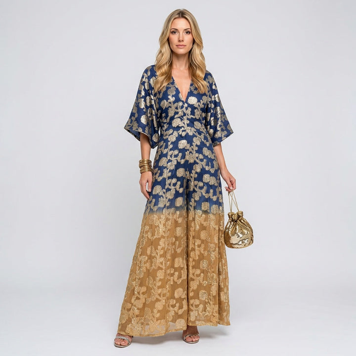 Kvinnors Guld Botanisk Ombre Maxi Kaftan Kvällsklänning