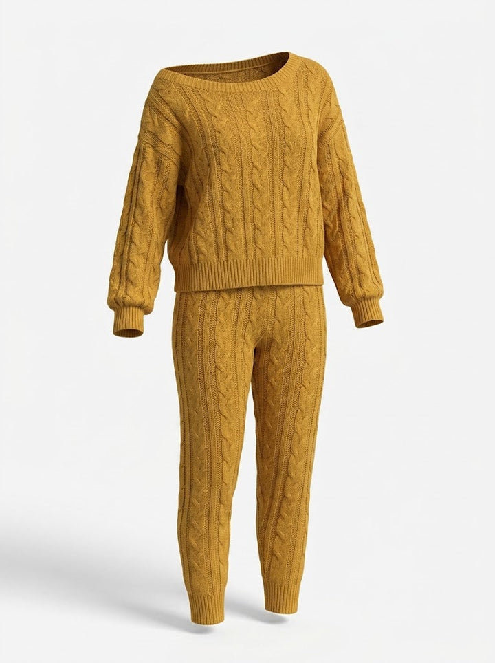 Kvinnors Kabelstickad Tröja och Jogging Set – Mysig Tvådelad Loungewear för Kyligare Dagar
