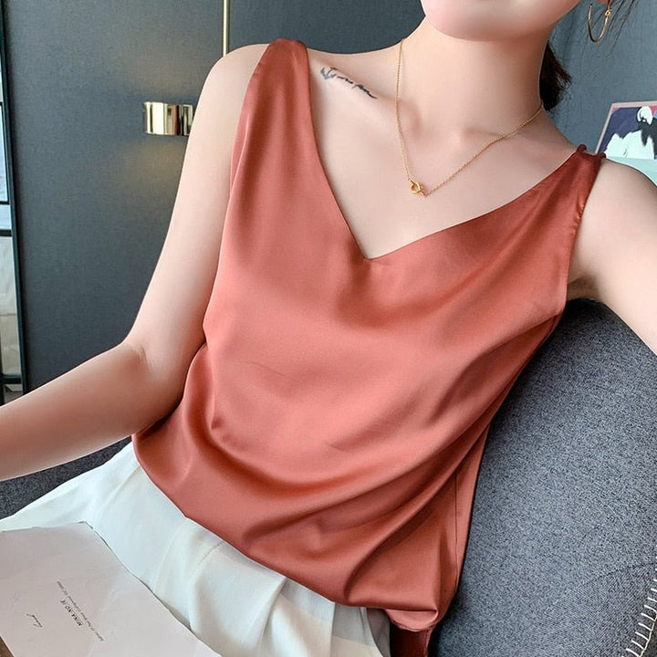 Kvinnors Satin V-ringad Ärmfri Topp – Elegant Sommar Kontors- och Kvällsstil