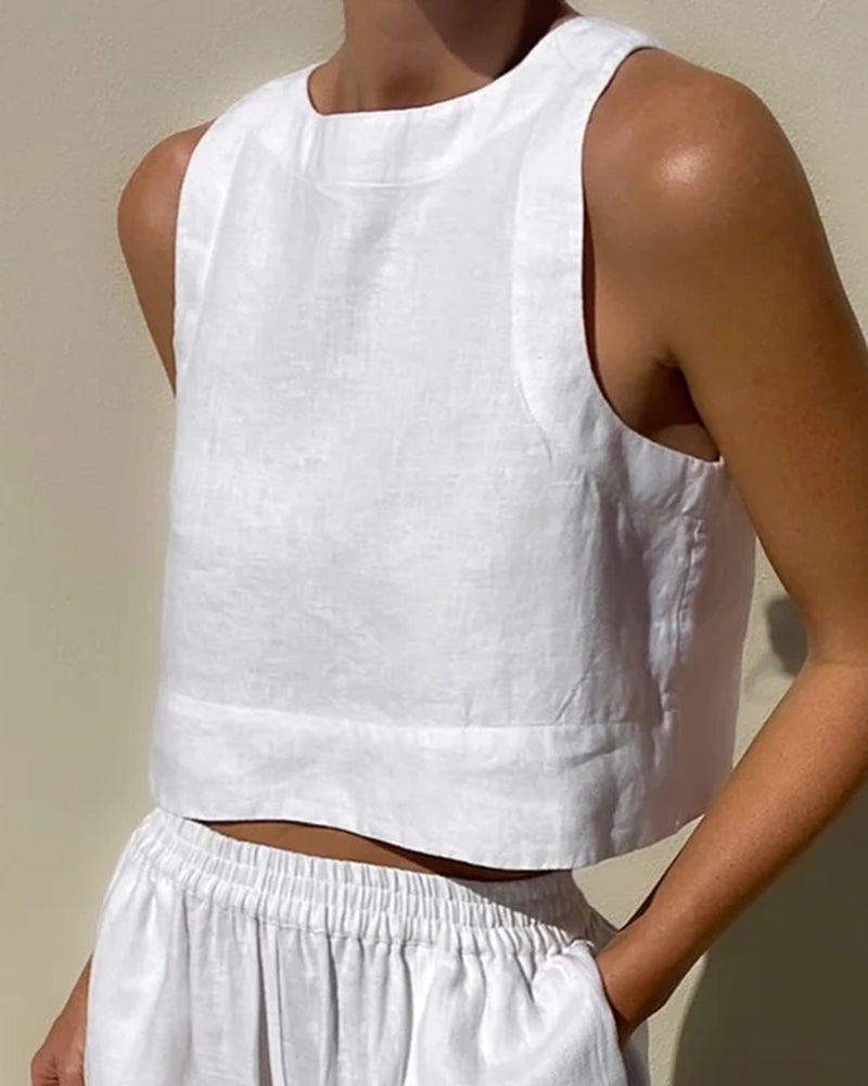 Kvinnors Bomull-Linne Tvådelad Set – Ärmlös Crop Top och Vida Byxor för Sommaren