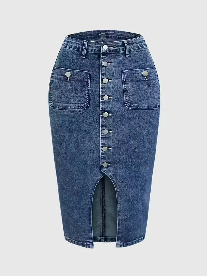 Kvinnors Denim Midi Kjol Med Knäppning Fram Hög Midja