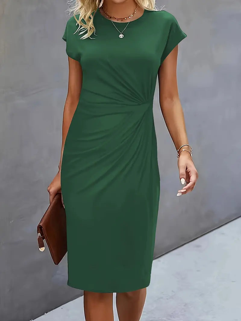 Kvinnors Rynkad Midja Bodycon Kortärmad Midi Klänning