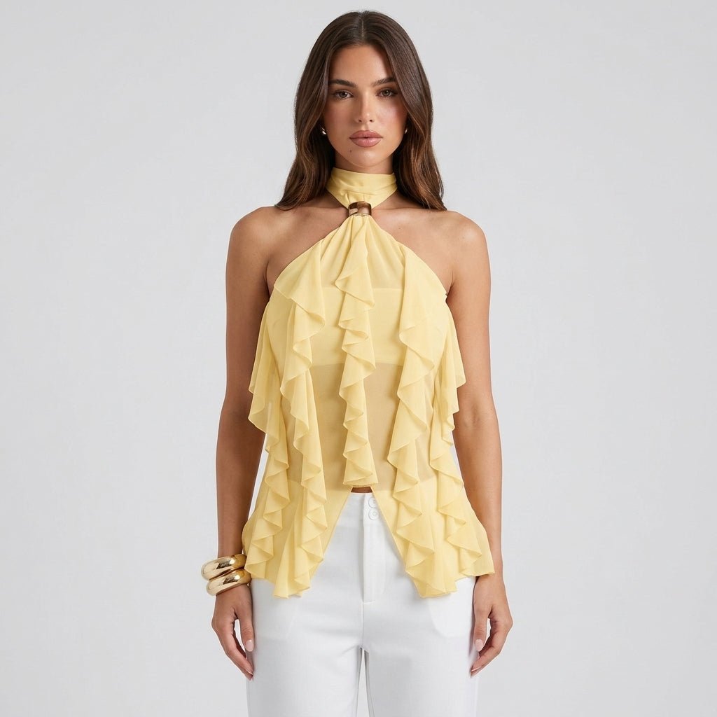 Kvinnors Volang Halterneck Top Transparent Lager Blus