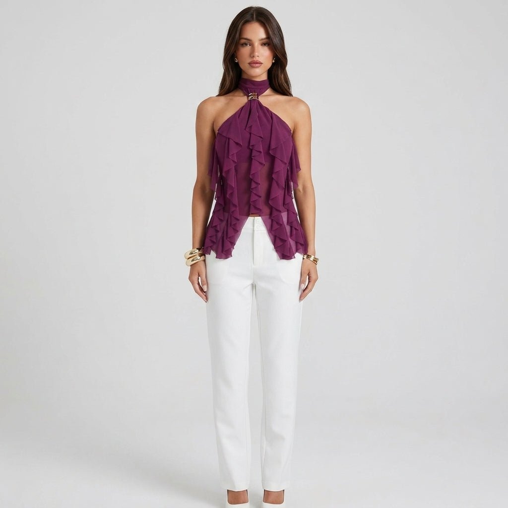 Kvinnors Volang Halterneck Top Transparent Lager Blus
