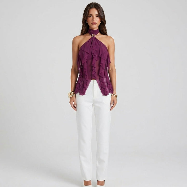 Kvinnors Volang Halterneck Top Transparent Lager Blus