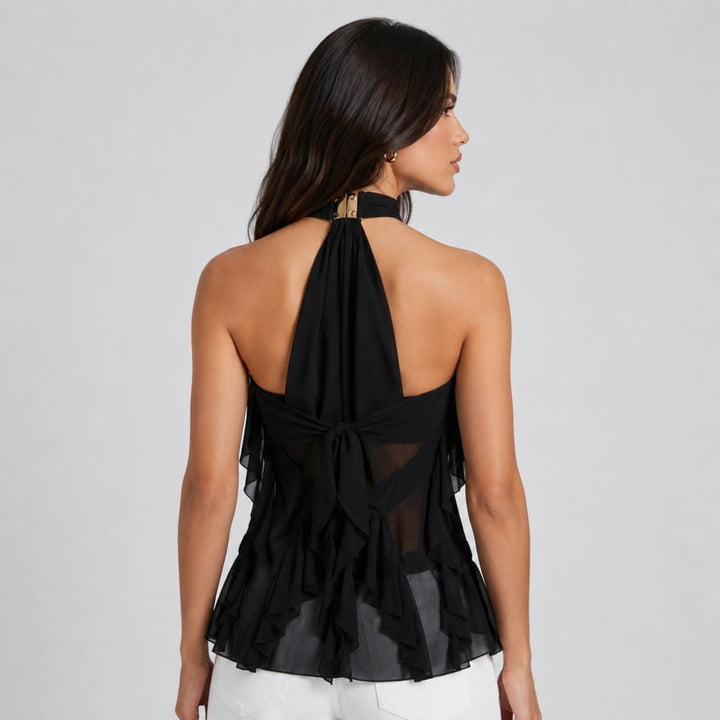 Kvinnors Volang Halterneck Top Transparent Lager Blus