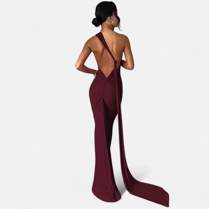 Kvinnors Enaxlad Halterneck Maxi Klänning – Fitted Gown för Kvällsevenemang