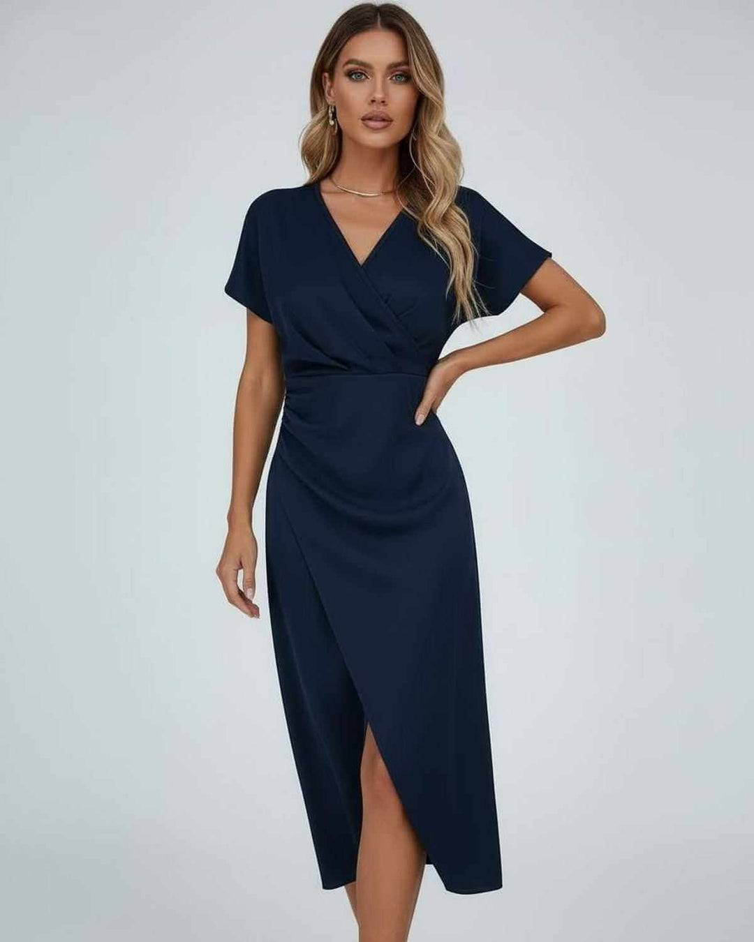 Kvinnors Wrap Midi Klänning Draperad Midja Klyv Hem Passform