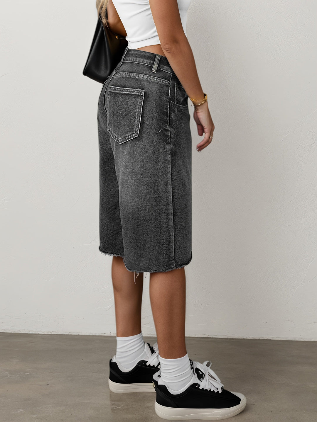 Kvinnors Denim Jorts Avslappnad Passform Hög Midja Vid Ben Knälängd Casual Shorts