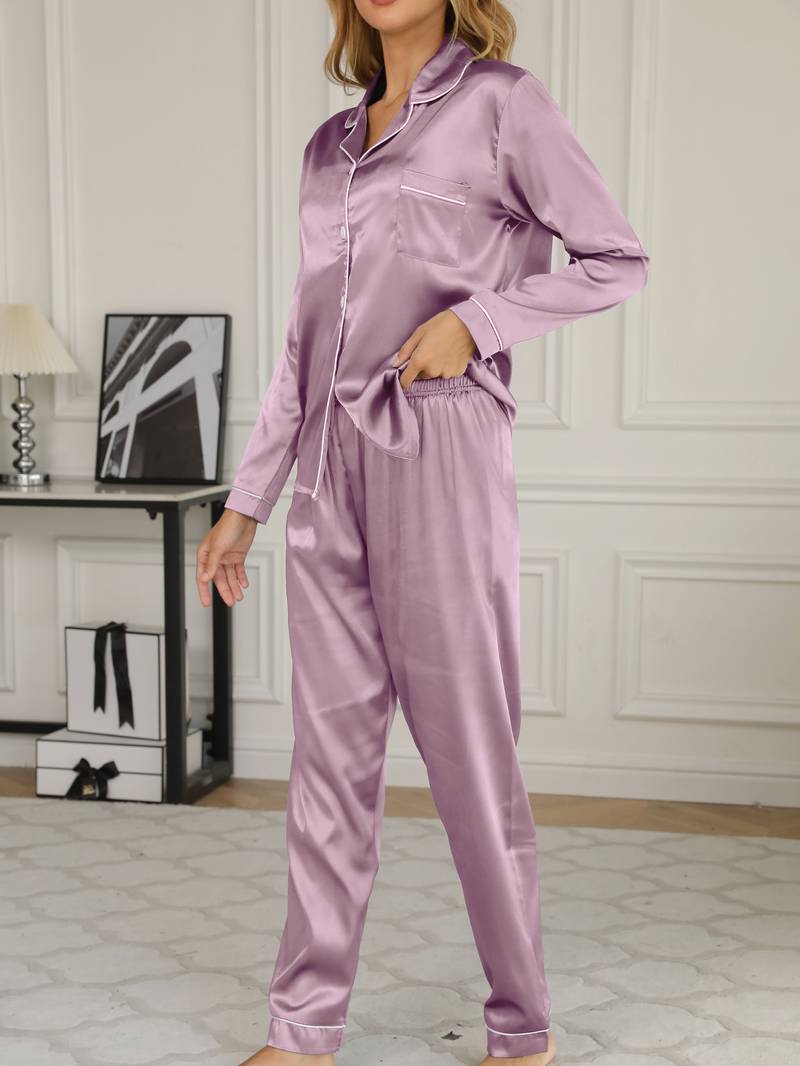 Kvinnors Satin Pyjamakostym med Knäppning Främre Loungewear