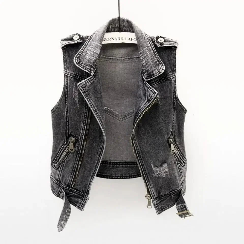 Herrens Bomullsdenim Biker Väst – Distressed Ärm-Lös Lager med Asymmetrisk Dragkedja och Justerbart Bälte