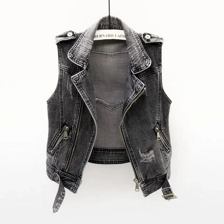 Herrens Bomullsdenim Biker Väst – Distressed Ärm-Lös Lager med Asymmetrisk Dragkedja och Justerbart Bälte