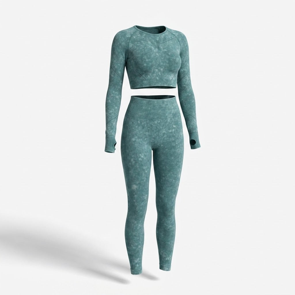 Kvinnors Sömlösa Långärmad Crop Top och Leggings Set – Formande Tvådelad Träningskläder
