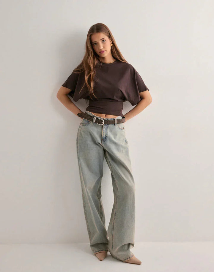 Kvinnors Rynkad Crop Top med Draperade Breda Ärmar