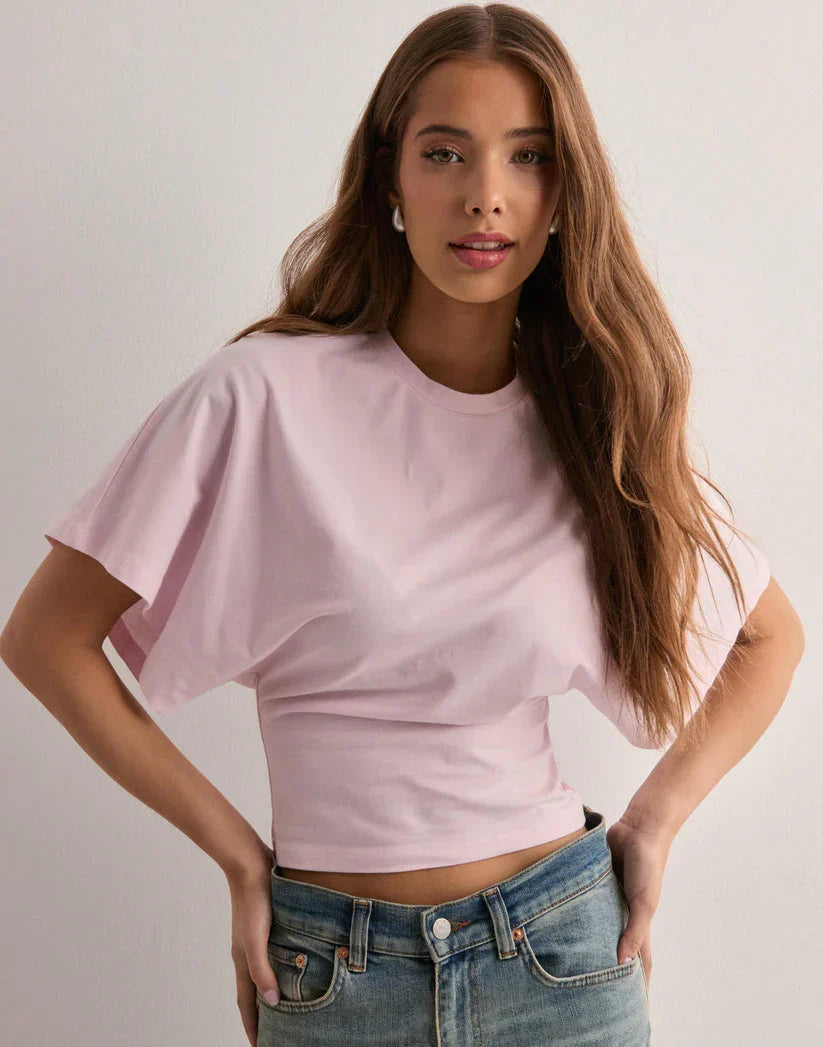 Kvinnors Rynkad Crop Top med Draperade Breda Ärmar