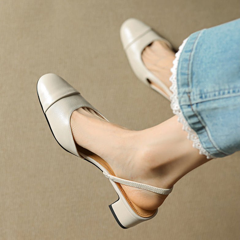 Kvinnors äkta läder slingback pumps – Dämpad medelblockklack för kontor och kvällsbruk