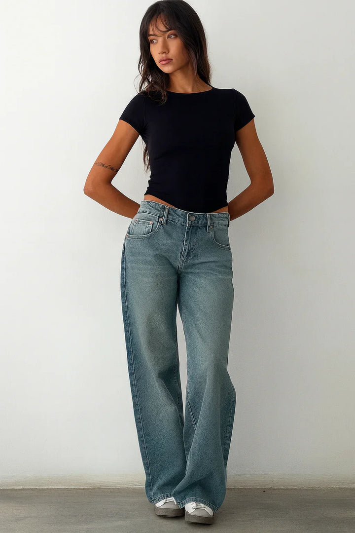 Kvinnors Låga Vida Jeans med Avslappnad Passform