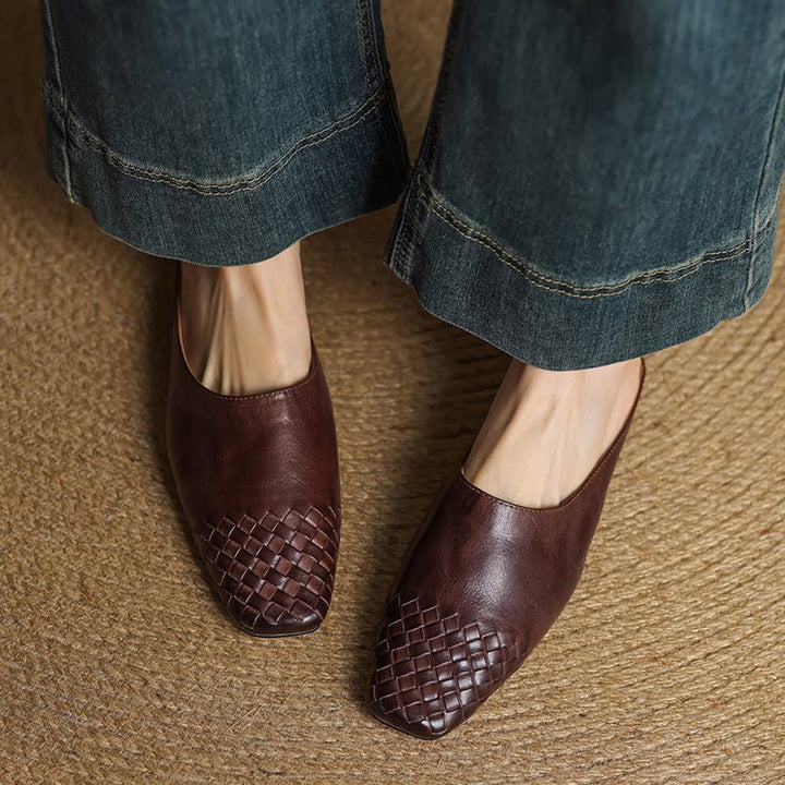 Kvinnors Dämpade Fyrkantiga Tå Mules – Vävt Läder Slip-On Skor för Kontor och Sommarbruk