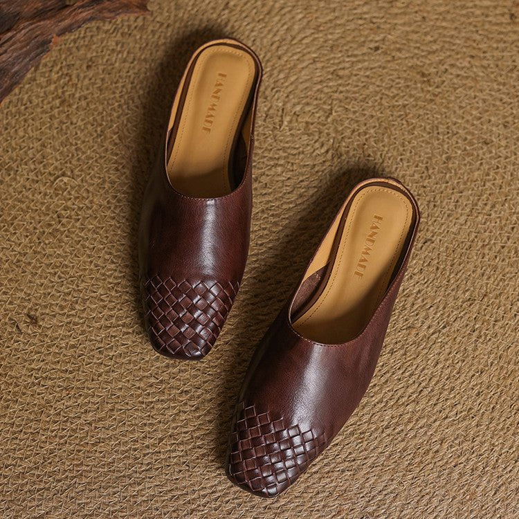 Kvinnors Dämpade Fyrkantiga Tå Mules – Vävt Läder Slip-On Skor för Kontor och Sommarbruk