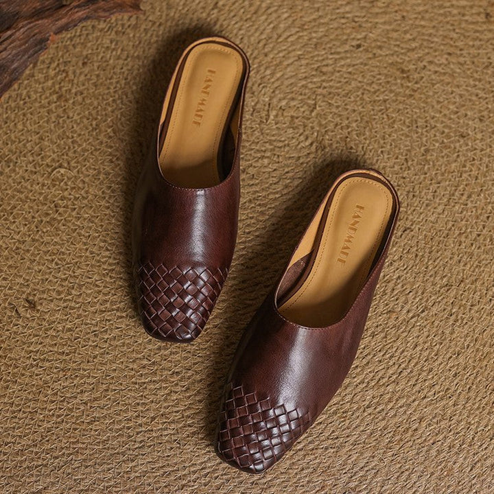 Kvinnors Dämpade Fyrkantiga Tå Mules – Vävt Läder Slip-On Skor för Kontor och Sommarbruk